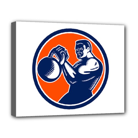 Bodybuilder Lifting Kettlebell Woodcut Deluxe Canvas 20  X 16  (framed) by retrovectors