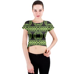 Green Shapes On A Black Background Pattern Crew Neck Crop Top by LalyLauraFLM