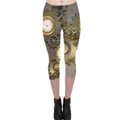 Steampunk, Golden Design With Clocks And Gears Capri Leggings by FantasyWorld7