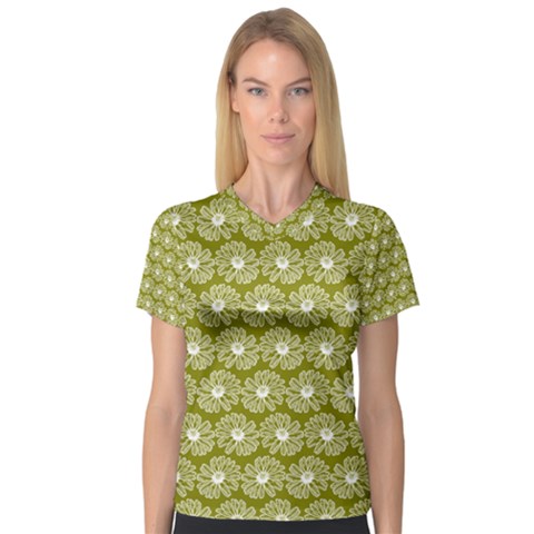 Gerbera Daisy Vector Tile Pattern Women s V-neck Sport Mesh Tee by GardenOfOphir