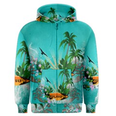 Surfboard With Palm And Flowers Men s Zipper Hoodies by FantasyWorld7