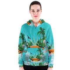 Surfboard With Palm And Flowers Women s Zipper Hoodies by FantasyWorld7