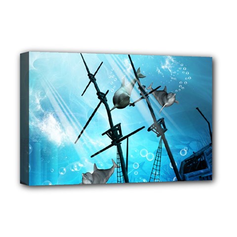 Underwater World With Shipwreck And Dolphin Deluxe Canvas 18  X 12   by FantasyWorld7