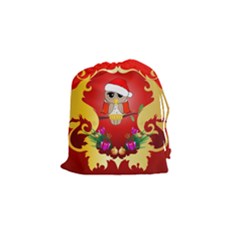 Funny, Cute Christmas Owl  With Christmas Hat Drawstring Pouches (small)  by FantasyWorld7