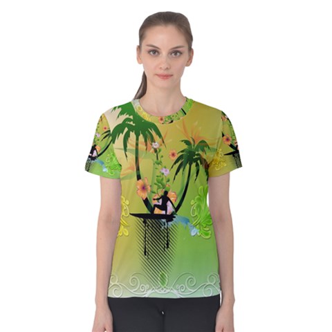 Surfing, Surfboarder With Palm And Flowers And Decorative Floral Elements Women s Cotton Tees by FantasyWorld7