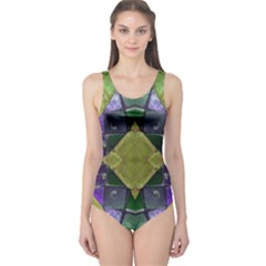 Purple Yellow Stone Abstract One Piece Swimsuit by BrightVibesDesign