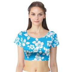 Light Blue Hawaiian Short Sleeve Crop Top (tight Fit) by AlohaStore