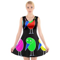 Colorful Birds V-neck Sleeveless Skater Dress by Valentinaart