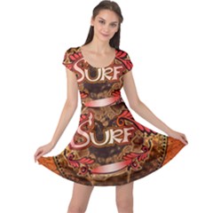 Surfing, Surfboard With Floral Elements  And Grunge In Red, Black Colors Cap Sleeve Dresses by FantasyWorld7