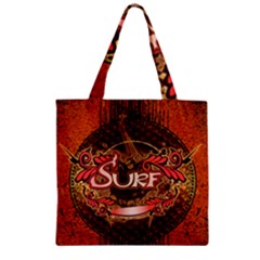 Surfing, Surfboard With Floral Elements  And Grunge In Red, Black Colors Zipper Grocery Tote Bag by FantasyWorld7