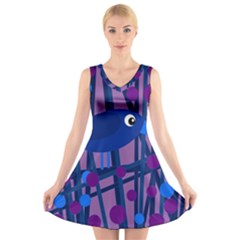 Purple Bird V-neck Sleeveless Skater Dress by Valentinaart