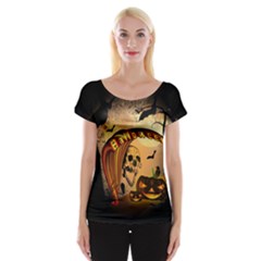 Halloween, Funny Pumpkin With Skull And Spider In The Night Women s Cap Sleeve Top by FantasyWorld7