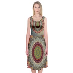 Folk Art Lotus Mandala Dirty Blue Red Midi Sleeveless Dress by EDDArt