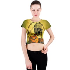 Halloween, Funny Pumpkins And Skull With Spider Crew Neck Crop Top by FantasyWorld7