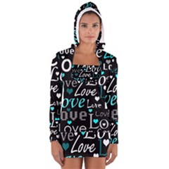 Valentine s Day Pattern - Cyan Women s Long Sleeve Hooded T-shirt by Valentinaart