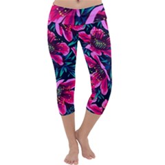 Purple Flowers Capri Yoga Leggings by Brittlevirginclothing