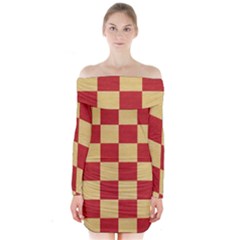 Fabric Geometric Red Gold Block Long Sleeve Off Shoulder Dress by Nexatart