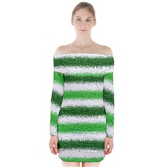 Metallic Green Glitter Stripes Long Sleeve Off Shoulder Dress by Nexatart