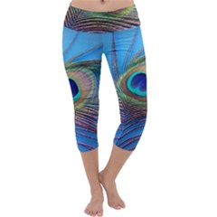 Peacock Feather Blue Green Bright Capri Yoga Leggings by Amaryn4rt