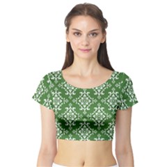 St Patrick S Day Damask Vintage Green Background Pattern Short Sleeve Crop Top (tight Fit) by Simbadda