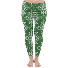 St Patrick S Day Damask Vintage Green Background Pattern Classic Winter Leggings by Simbadda