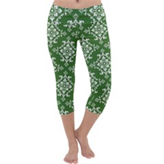 St Patrick S Day Damask Vintage Green Background Pattern Capri Yoga Leggings by Simbadda