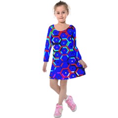 Blue Bee Hive Pattern Kids  Long Sleeve Velvet Dress by Amaryn4rt