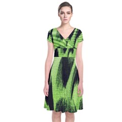 Green Tiger Background Fabric Animal Motifs Short Sleeve Front Wrap Dress by Amaryn4rt