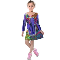 Abstract Elephant With Butterfly Ears Colorful Galaxy Kids  Long Sleeve Velvet Dress by EDDArt