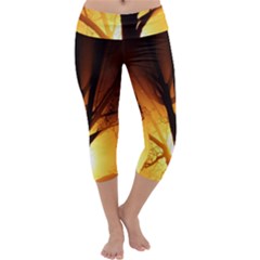 Rays Of Light Tree In Fog At Night Capri Yoga Leggings by Amaryn4rt