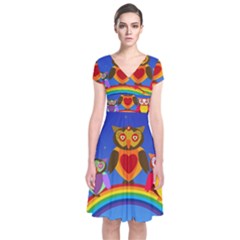 Owls Rainbow Animals Birds Nature Short Sleeve Front Wrap Dress by Amaryn4rt