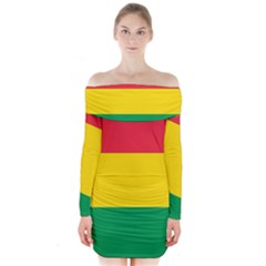 Rasta Colors Red Yellow Gld Green Stripes Pattern Ethiopia Long Sleeve Off Shoulder Dress by yoursparklingshop