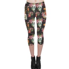 Colorful Beautiful Pattern With Nice Watercolor Skull And Flowers Capri Leggings by CoolDesigns