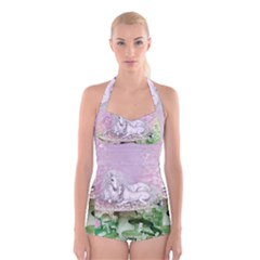 Wonderful Unicorn With Foal On A Mushroom Boyleg Halter Swimsuit  by FantasyWorld7