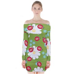 Insect Flower Floral Animals Star Green Red Sunflower Long Sleeve Off Shoulder Dress by Mariart