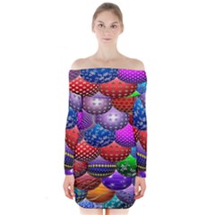 Fun Balls Pattern Colorful And Ornamental Balls Pattern Background Long Sleeve Off Shoulder Dress by Nexatart