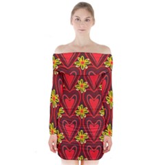 Digitally Created Seamless Love Heart Pattern Long Sleeve Off Shoulder Dress by Nexatart