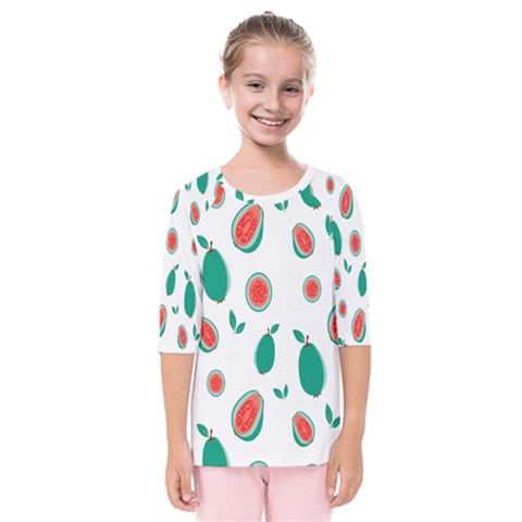 Fruit Green Red Guavas Leaf Kids  Quarter Sleeve Raglan Tee by Mariart