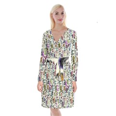 Colorful Retro Style Letters Numbers Stars Long Sleeve Velvet Front Wrap Dress by EDDArt