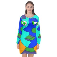 Visual Face Blue Orange Green Mask Long Sleeve Chiffon Shift Dress  by Mariart