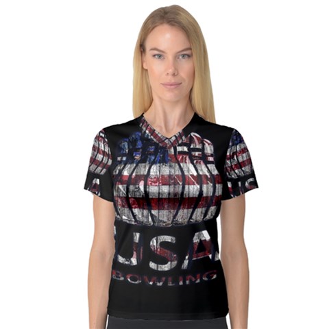 Usa Bowling  Women s V-neck Sport Mesh Tee by Valentinaart