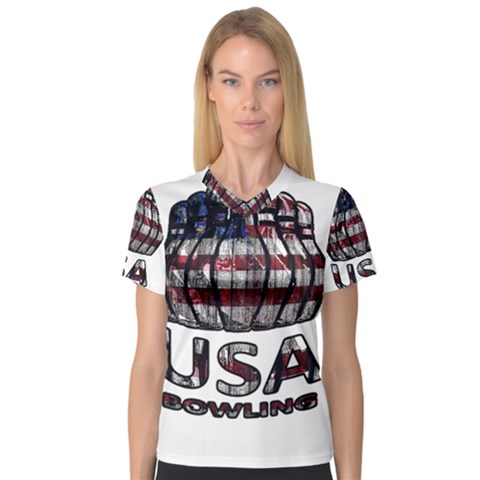 Usa Bowling  Women s V-neck Sport Mesh Tee by Valentinaart