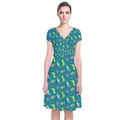 Dinosaurs Pattern Short Sleeve Front Wrap Dress by ValentinaDesign