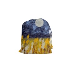 Blue And Gold Landscape With Moon Drawstring Pouches (small)  by digitaldivadesigns