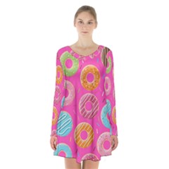 Doughnut Bread Donuts Pink Long Sleeve Velvet V-neck Dress by Mariart