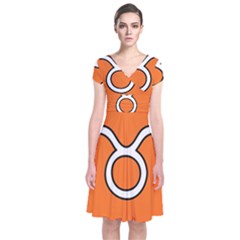 Taurus Symbol Sign Orange Short Sleeve Front Wrap Dress by Mariart