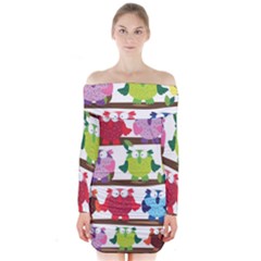 Funny Owls Sitting On A Branch Pattern Postcard Rainbow Long Sleeve Off Shoulder Dress by Mariart