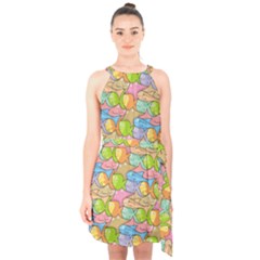 Fishes Cartoon Background Halter Collar Waist Tie Chiffon Dress by sifis