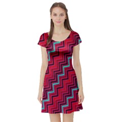 Red Turquoise Black Zig Zag Background Short Sleeve Skater Dress by BangZart