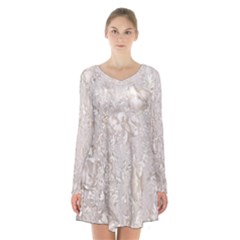 Off White Lace Pattern Long Sleeve Velvet V-neck Dress by paulaoliveiradesign